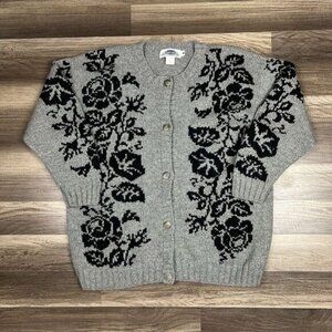 VTG Smythe & Company Button Up Floral 100% Wool Gray Cardigan Sweater Sz Medium
